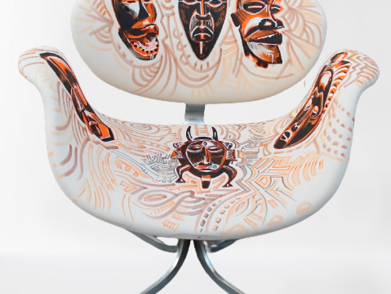 The artist Ernesto Novo in collaboration with the Thyrse workshop revisits the cover of a tulip armchair by designer Pierre Paulin