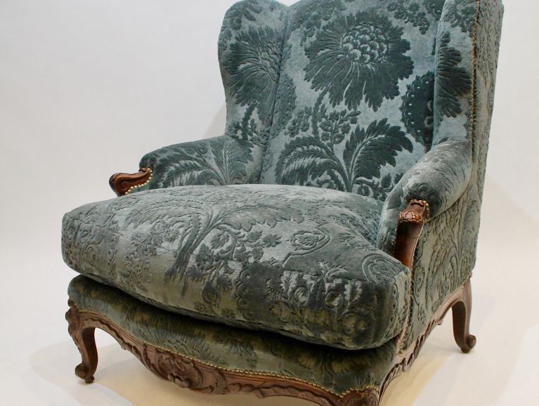 Cover of a Regency wing chair - Mohair Velvet fabric embossed pattern by Pierre Frey - studded finish